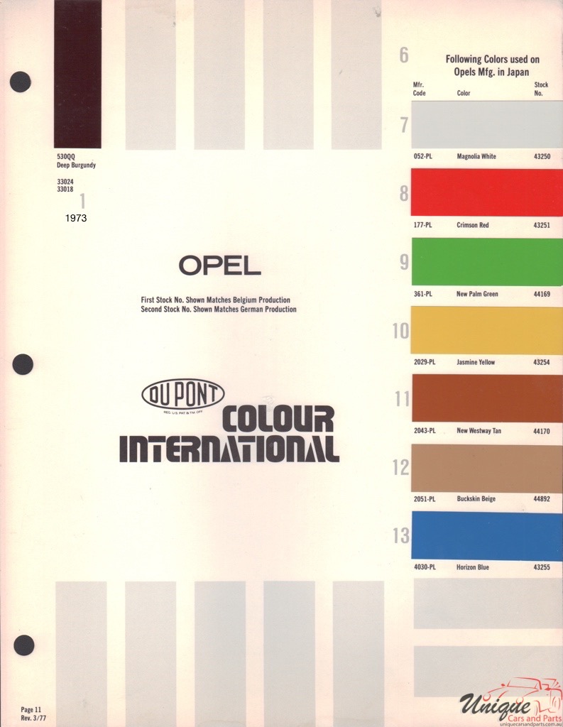 1973 Opel Paint Charts DuPont 3